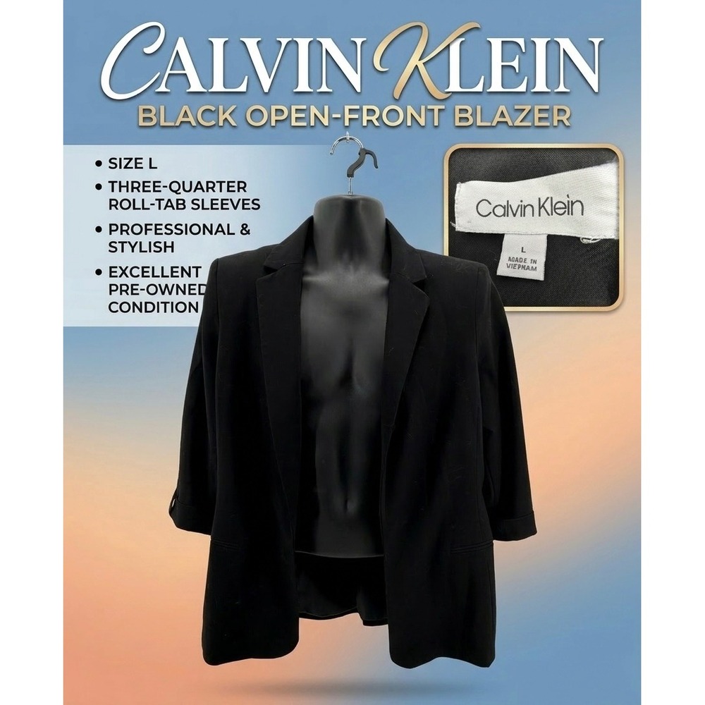 Calvin Klein Women's Black Open‎ Front Blazer 3/4 Roll-Tab Sleeve Jacket Size L